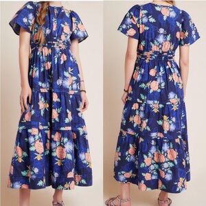 Anthropologie Maeve Somerset Maxi Dress Short Sleeve Tier A-Line Navy Floral XS